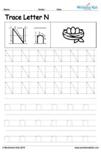 Letter N alphabet tracing worksheets - Free printable PDF