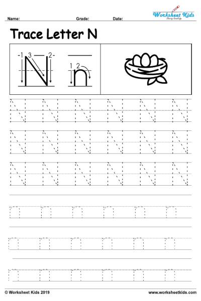 Letter N alphabet tracing worksheets - Free printable PDF