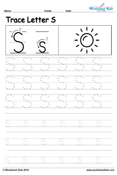 Letter S alphabet tracing worksheets - Free printable PDF