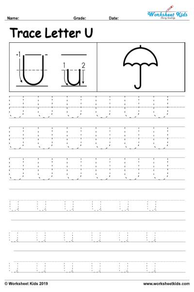 Letter U alphabet tracing worksheets - Free printable PDF