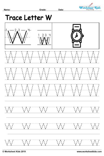 Letter W alphabet tracing worksheets - Free printable PDF