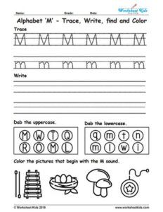 alphabet letter m trace write find color free printable pdf