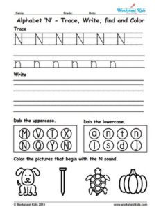 Alphabet Letter N Trace Write Find Color - Free printable PDF