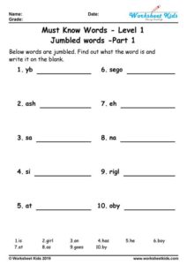 Unscramble jumbled words puzzle for grade 1 worksheets - Free Printable