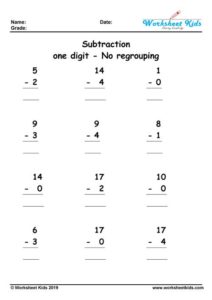 One Digit Subtraction No Regrouping Worksheets - Free Printable PDF