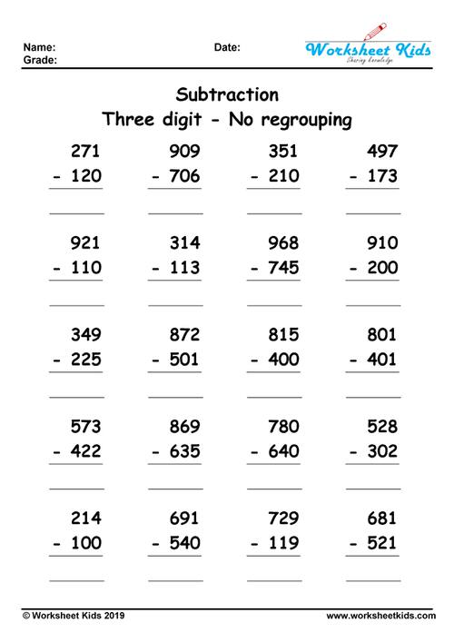 3 Digit Subtraction Without Regrouping Worksheets Free Printable PDF
