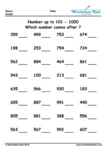 What number comes after ? 1 to 20, 100, 500, 1000 - Free printable PDF