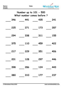 What number comes before ? 1 to 20, 100, 500, 1000 - Free Printable PDF