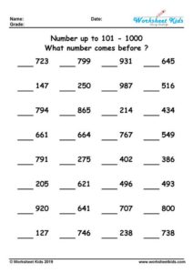 What number comes before ? 1 to 20, 100, 500, 1000 - Free Printable PDF