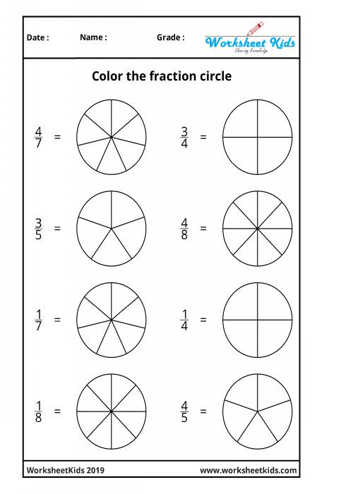 fraction circles coloring printable worksheets 3rd 4th 5th grades free
