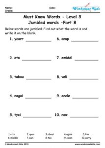 Unscramble jumbled words puzzle for grade 3 worksheets - Free printable