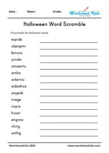 Halloween English Worksheets Puzzle, Word Scramble, Missing letters