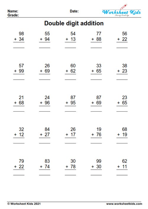 Adding Three Two Digit Numbers With Regrouping Worksheets