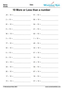 10 more 10 less worksheets | Finding ten more ten less than a number