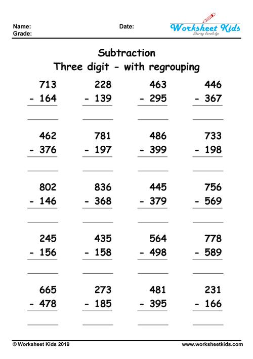 3 digit subtraction with regrouping worksheets for 2nd and 3rd grade PDF