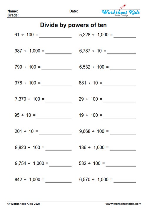 Multiplying And Dividing By Powers Of 10 Worksheets For 5th Grade PDF