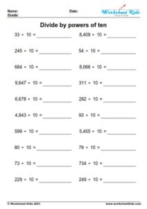 Multiplying and dividing by powers of 10 worksheets for 5th grade - PDF