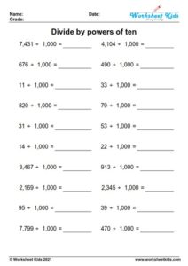 Multiplying and dividing by powers of 10 worksheets for 5th grade - PDF