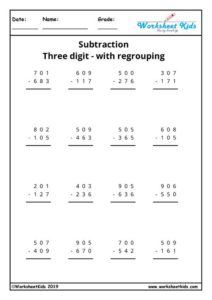 3 digit subtraction with regrouping worksheets for 2nd and 3rd grade PDF