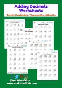 Decimal Addition Worksheets for Grades 4-6 : Free printable PDF