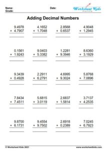 Decimal Addition Worksheets for Grades 4-6 : Free printable PDF