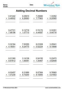 Decimal Addition Worksheets For Grades 4-6 : Free Printable Pdf