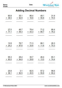 Decimal Addition Worksheets for Grades 4-6 : Free printable PDF