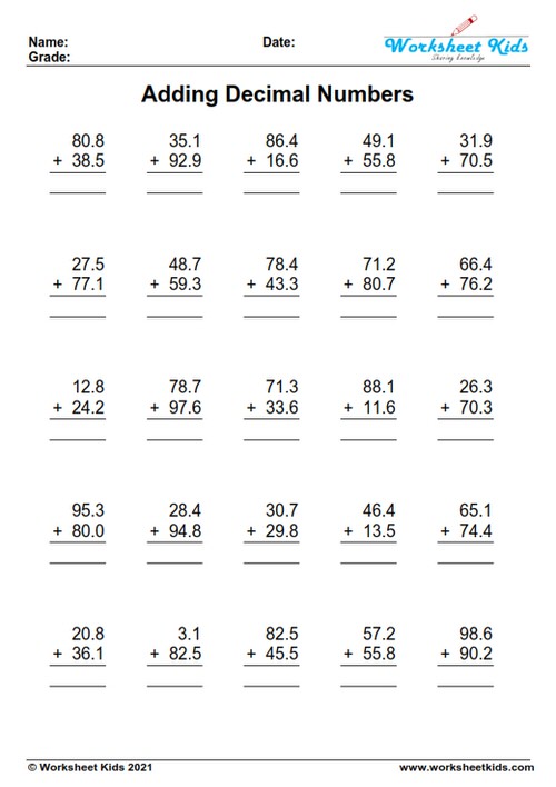 Decimal Addition Worksheets For Grades 4 6 Free Printable PDF
