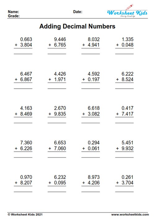 Grade 6 Addition And Subtraction Of Decimals Worksheets K5 Learning 