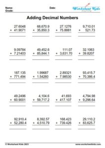 Decimal Addition Worksheets for Grades 4-6 : Free printable PDF