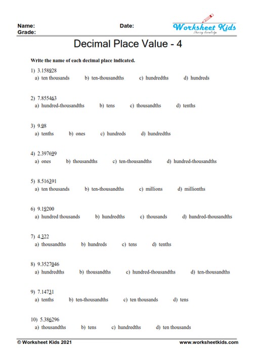 Decimal Place Value Worksheets Place Value Rounding Worksheets For 