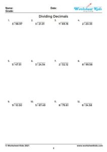 Dividing decimals worksheet for 5th and 6th grade - Free printable PDF