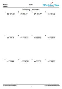 Dividing decimals worksheet for 5th and 6th grade - Free printable PDF