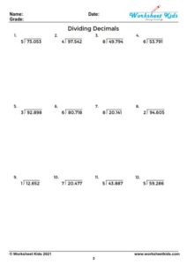 Dividing decimals worksheet for 5th and 6th grade - Free printable PDF