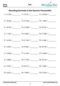 Rounding decimals worksheet for 5th Grade with answer key - Free PDF