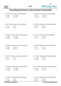 Rounding decimals worksheet for 5th Grade with answer key - Free PDF