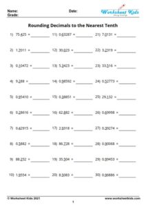 Rounding decimals worksheet for 5th Grade with answer key - Free PDF