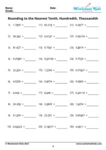 Rounding decimals worksheet for 5th Grade with answer key - Free PDF