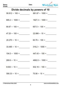 Dividing whole numbers and decimals by powers of 10 - Free printable