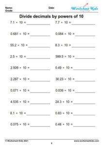 Dividing whole numbers and decimals by powers of 10 - Free printable