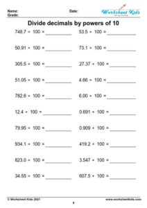 Dividing whole numbers and decimals by powers of 10 - Free printable