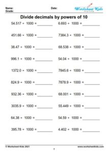 Dividing whole numbers and decimals by powers of 10 - Free printable