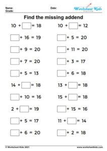 Missing addends worksheets for Grade 1, Grade 2 and Kindergarten - Free