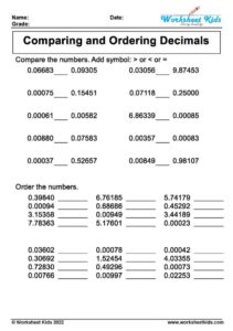 Comparing and Ordering Decimal Worksheets for Grade 4 & 5