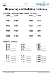 Comparing and Ordering Decimal Worksheets for Grade 4 & 5