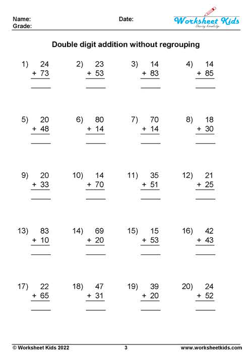 Double Digit Addition Without Regrouping Worksheets Free PDF