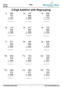 3-Digit Addition with Regrouping Worksheet for 2nd and 3rd Grade