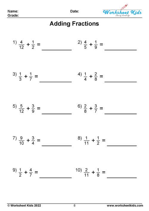 Adding fractions with unlike denominators worksheets - Free PDF
