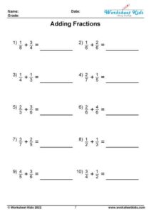 Adding fractions with unlike denominators worksheets - Free PDF