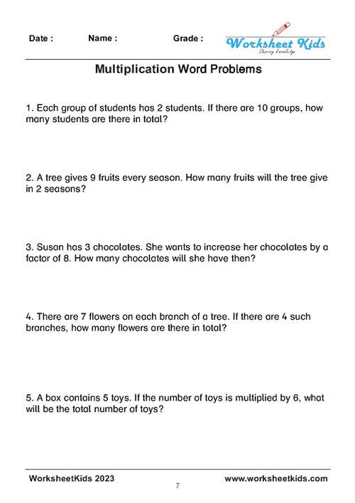 Multiplication Word Problems Worksheets For Grade 2